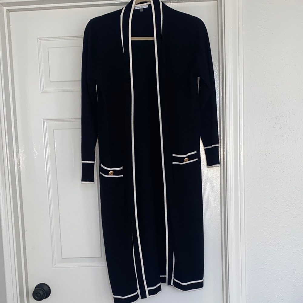 Black Long Cardigan with White Trim